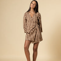 QUINN WRAP MINI DRESS MOCHA GINHAM