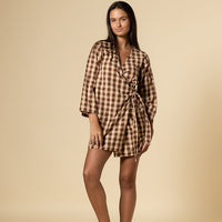 QUINN WRAP MINI DRESS MOCHA GINHAM