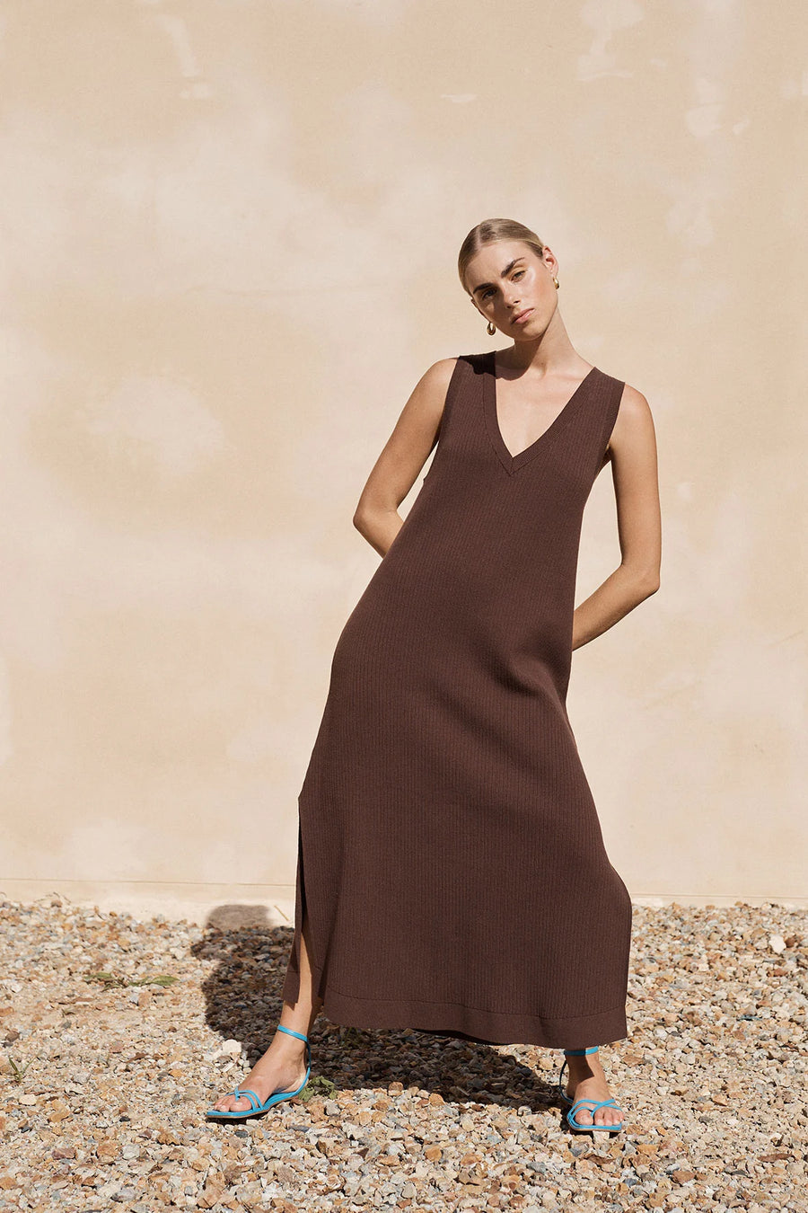 Clara Ribbed Midi Dress Chocolate