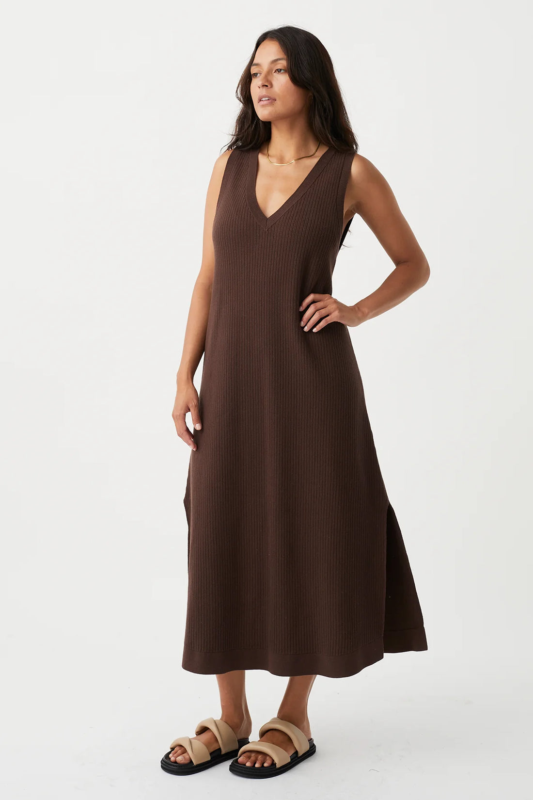 Clara Ribbed Midi Dress Chocolate