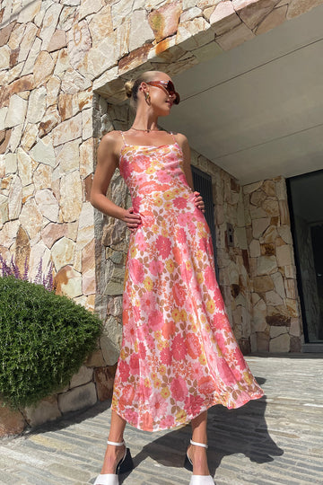 PERCY BIAS MIDI DRESS PINK FLORAL