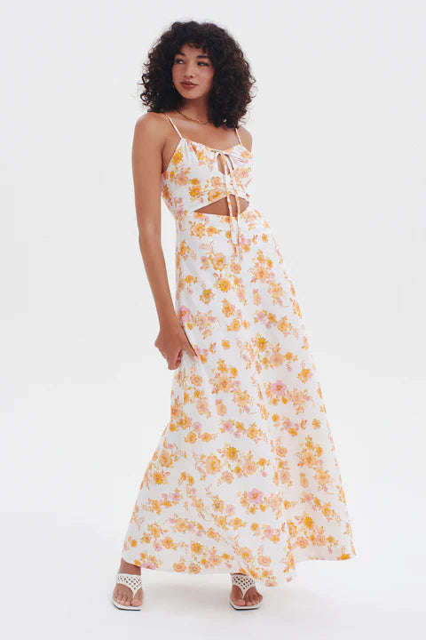Sundream Linen Maxi Dress Ivory Floral