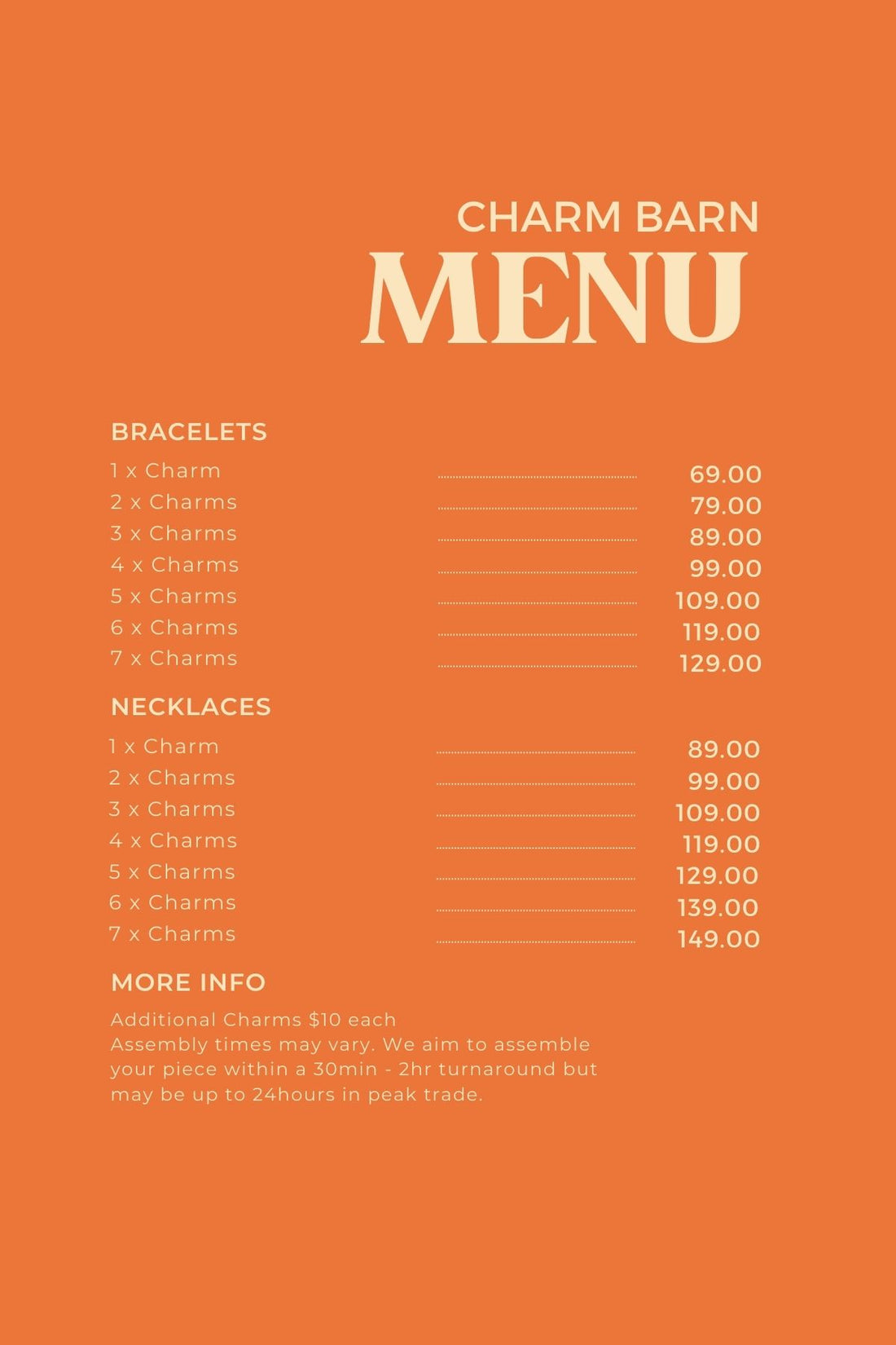 Charm Jewellery Barn menu
