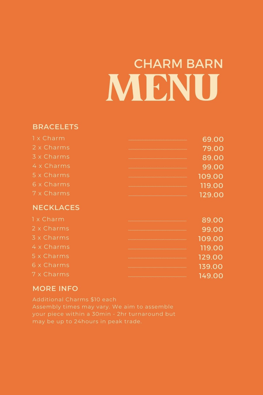 Charm Jewellery Barn menu