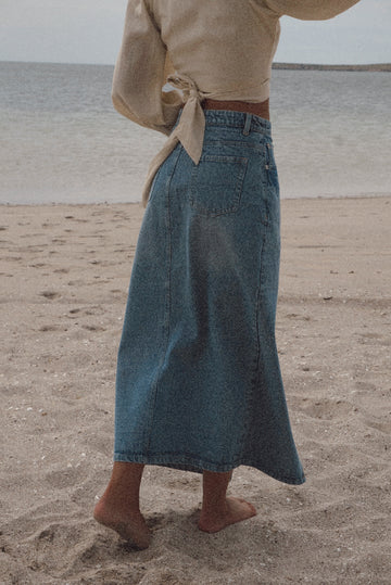 Front Split Denim Midi Skirt