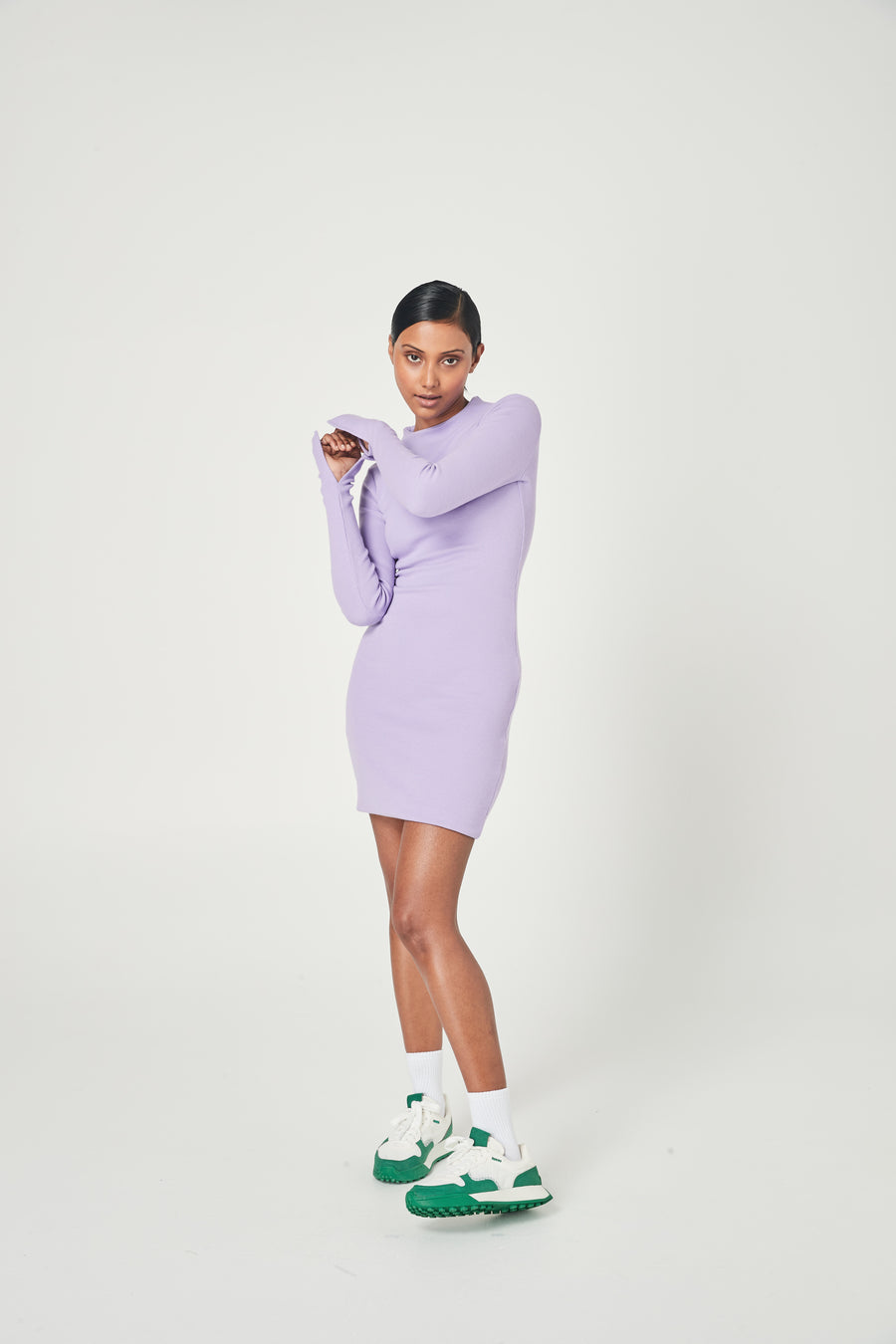 RIBBED SPLIT SLEEVE DRESS LILAC