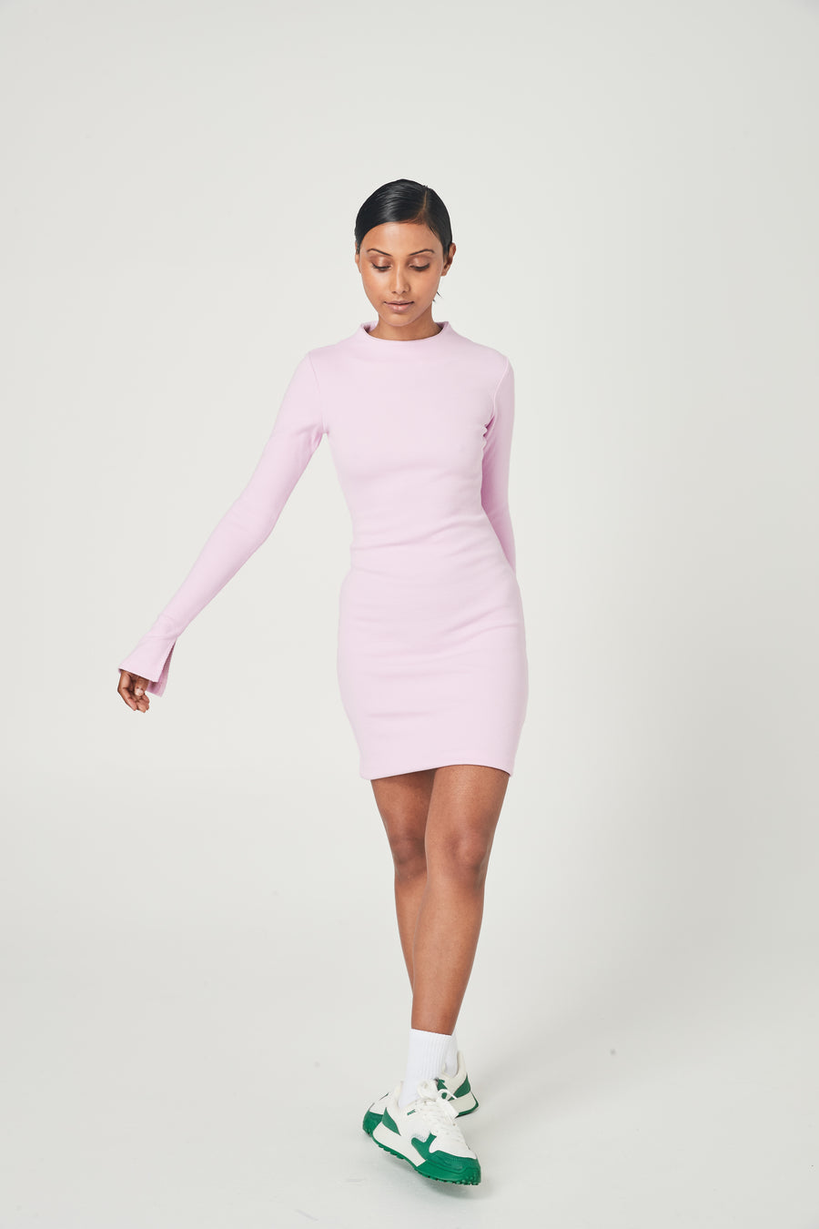 RIBBED SPLIT SLEEVE DRESS PALE PINK