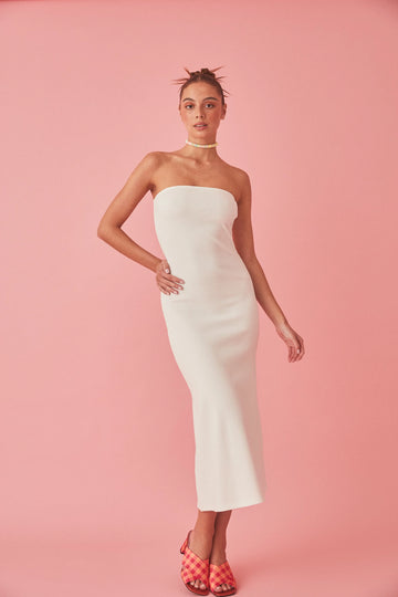 STRAPLESS A LINE MIDI DRESS WHITE