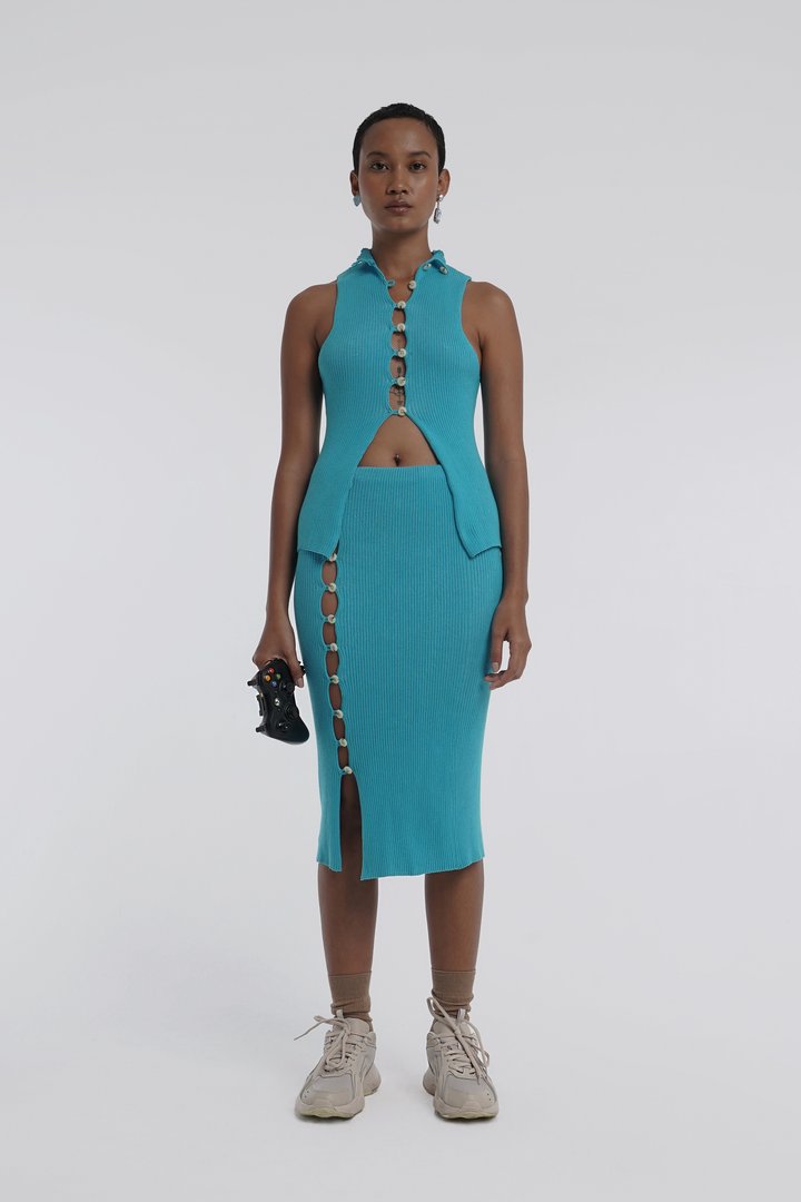 BUTTON UP KICK SKIRT AQUA