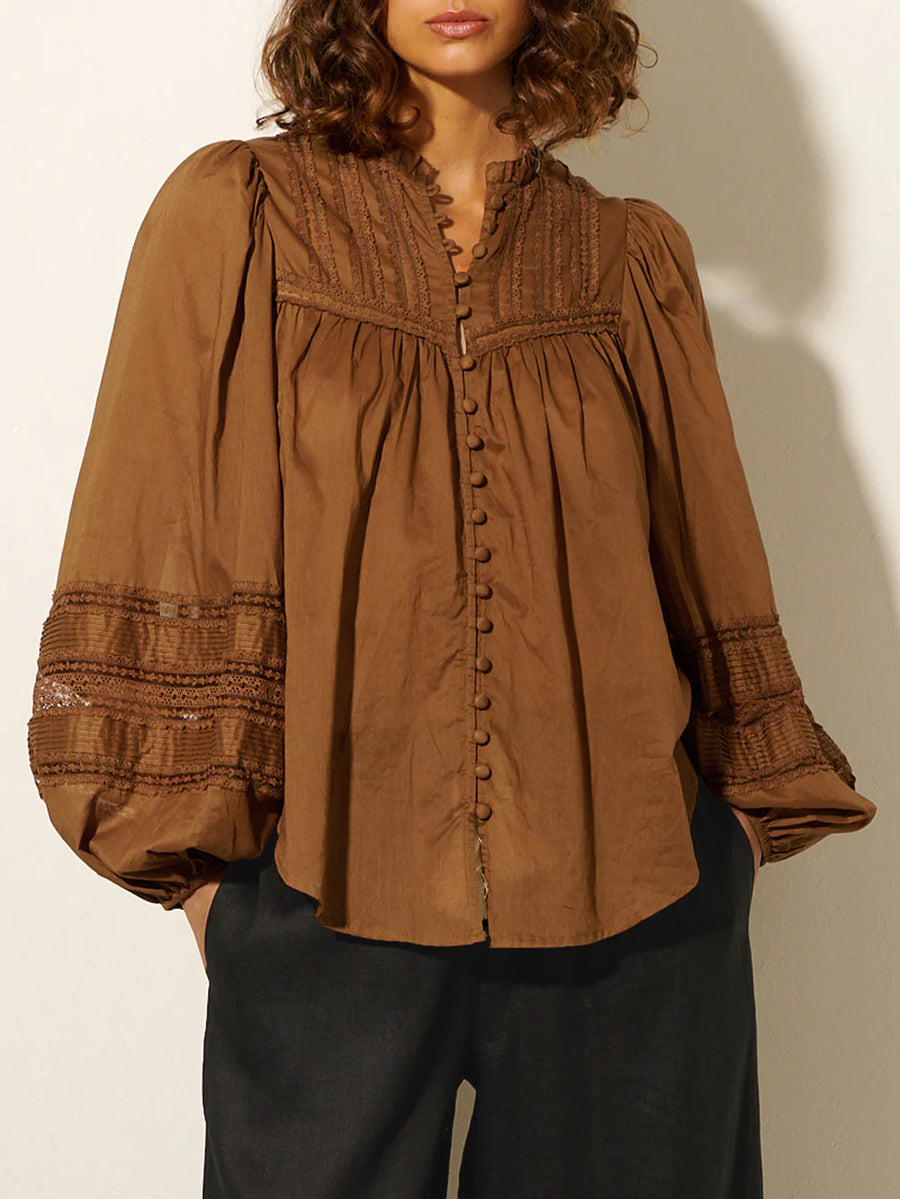 ELOISE GATHERED LACE BLOUSE CINNAMON