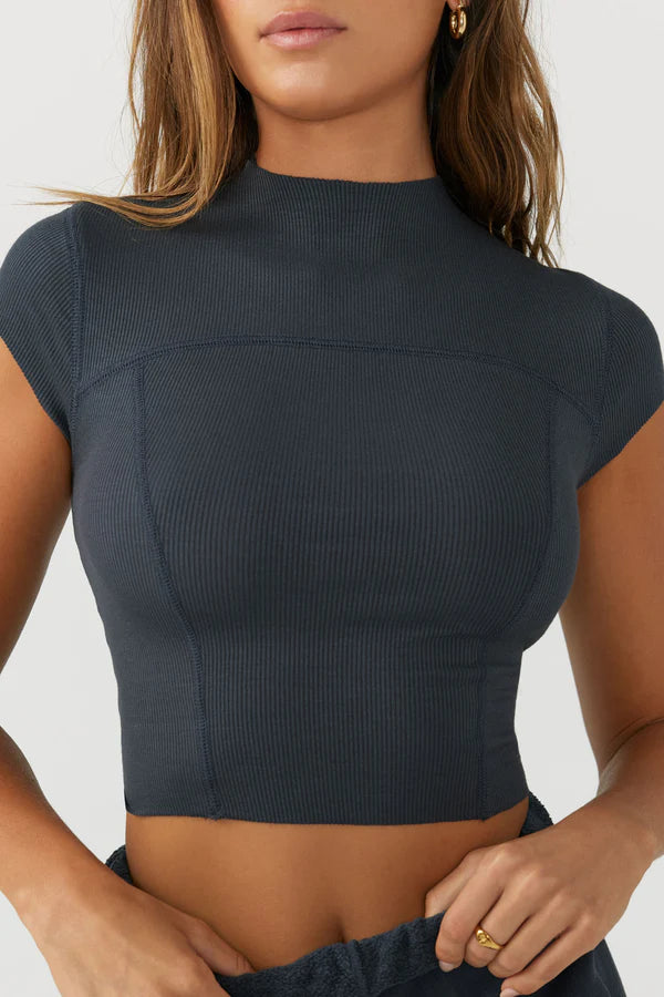 CONTRAST STITCH CROP TEE NAVY