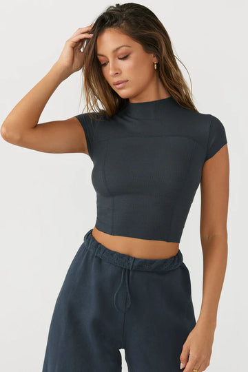 CONTRAST STITCH CROP TEE NAVY