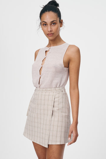 PATSY COTTON MINI WRAP SKIRT TAUPE CHECK