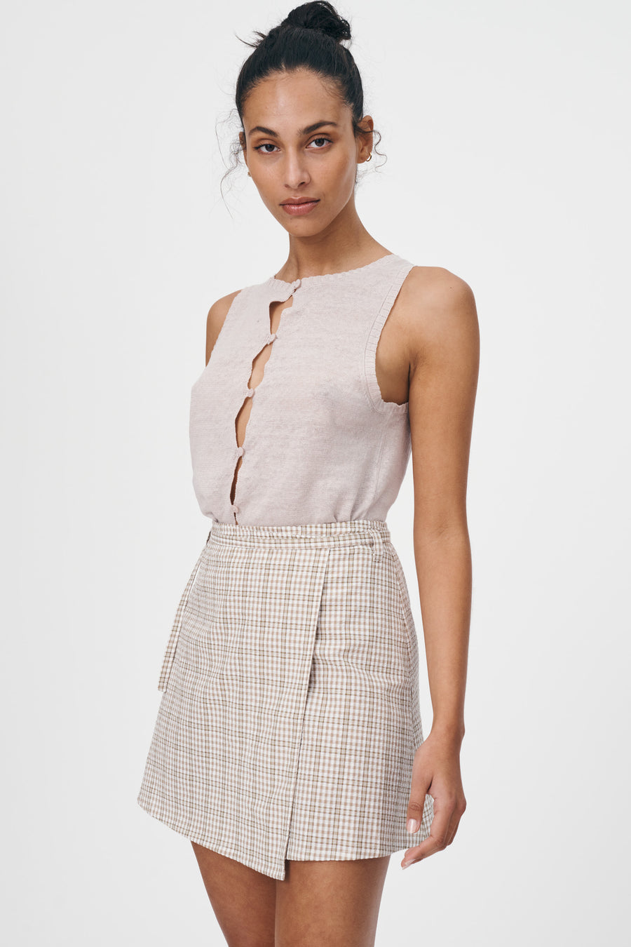 PATSY COTTON MINI WRAP SKIRT TAUPE CHECK