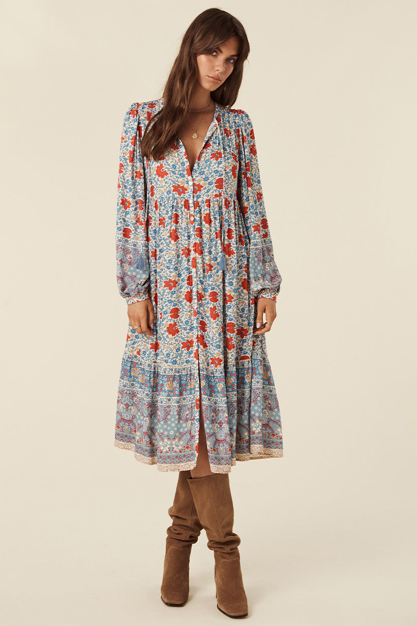 VILLAGE BUTTON DOWN MIDI DRESS SKY