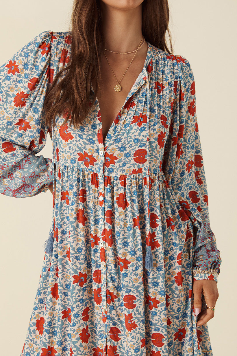 VILLAGE BUTTON DOWN MIDI DRESS SKY
