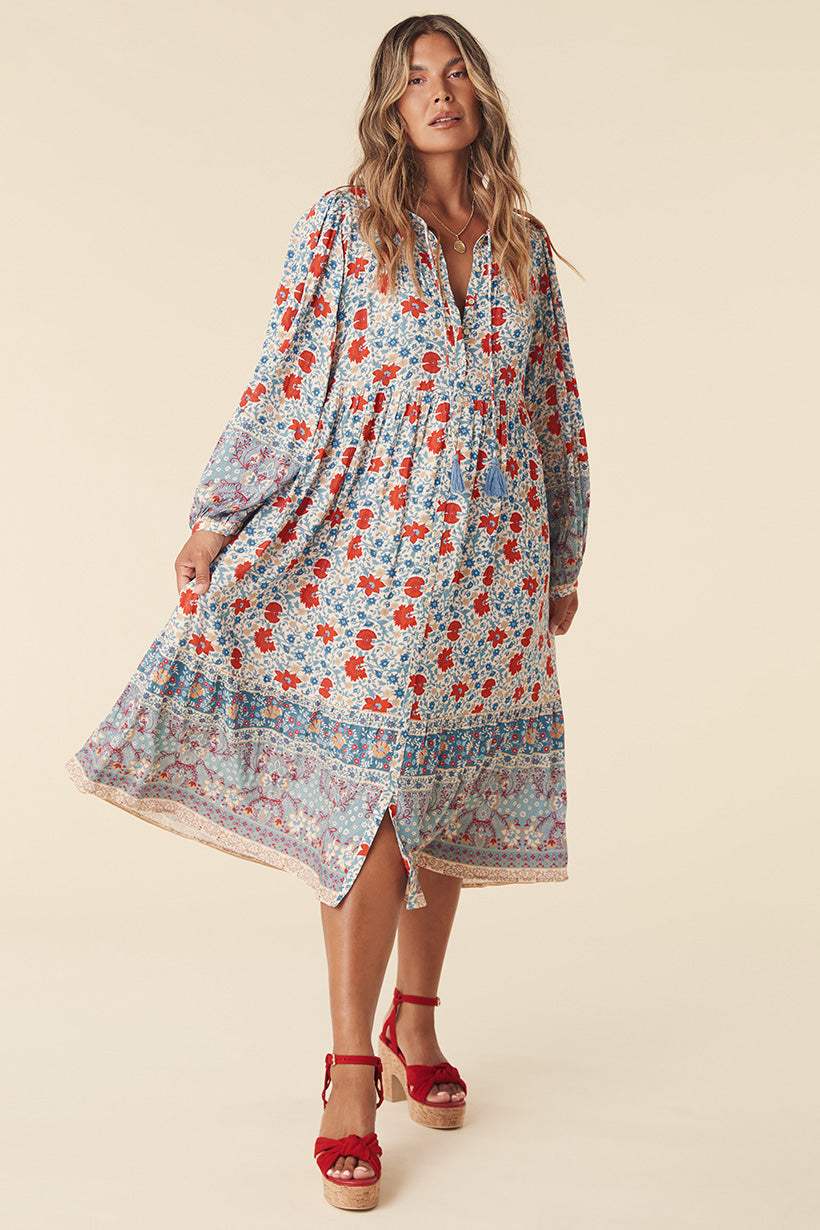 VILLAGE BUTTON DOWN MIDI DRESS SKY