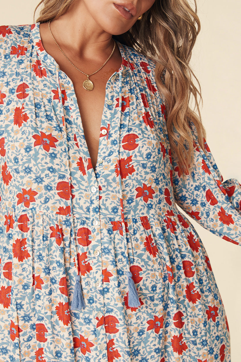 VILLAGE BUTTON DOWN MIDI DRESS SKY